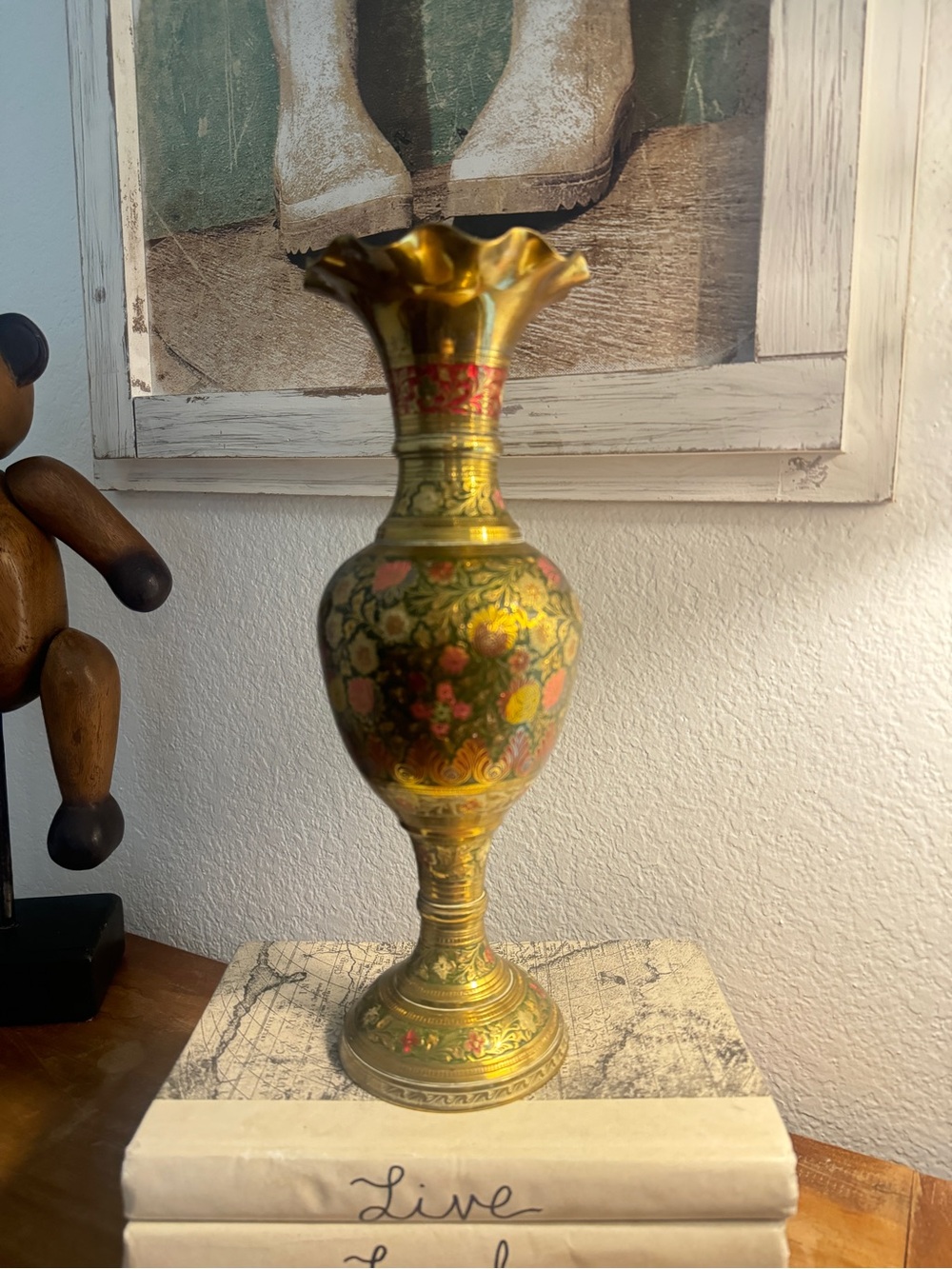 12.5" Vintage Handmade Brass Indian Antique Fluted Pedestal Flower Vase
